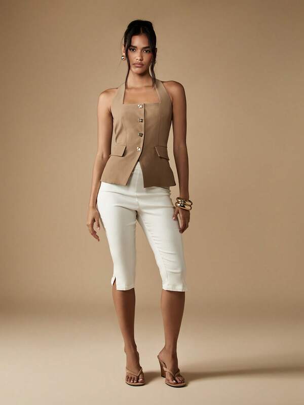 MISSGUIDED Gold Button Detail Halter Neck Waistcoat With Flap Pockets