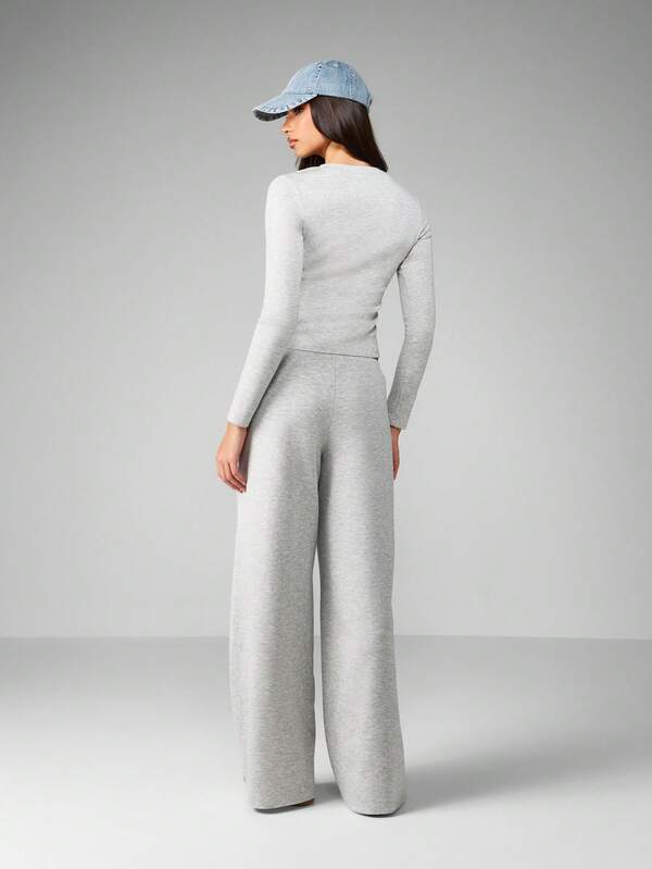 MISSGUIDED Half Button Crop Top With Wide Leg Pants Set