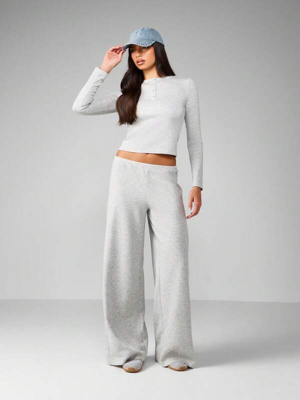 MISSGUIDED Half Button Crop Top With Wide Leg Pants Set