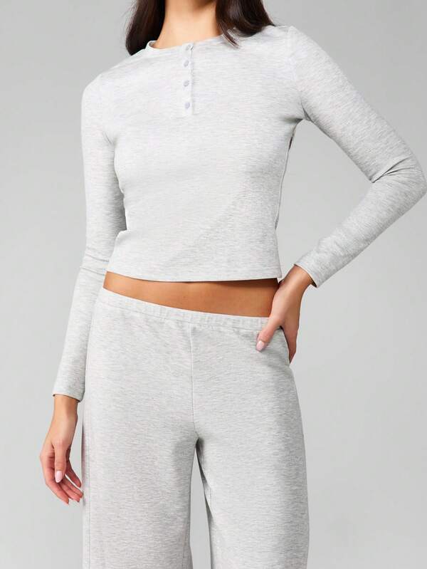MISSGUIDED Half Button Crop Top With Wide Leg Pants Set