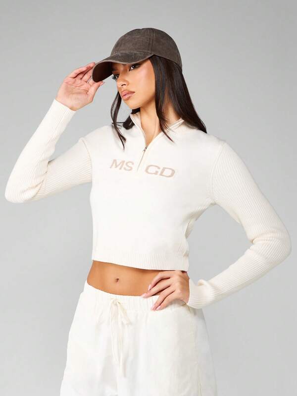 MISSGUIDED Half Zip Cropped Ribbed Knit Sweater With Mock Neck