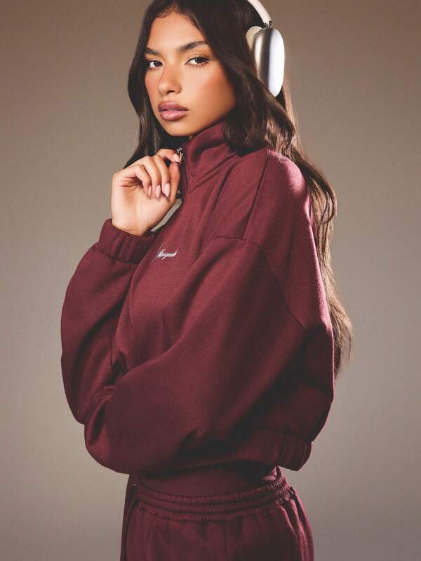 MISSGUIDED Half Zip Mock Neck Crop Sweatshirt With Elastic Hem