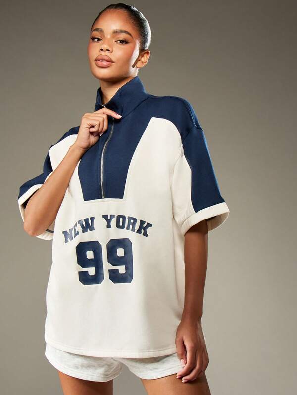 MISSGUIDED Half Zip Sweatshirt With Varsity Print And Contrast Panels