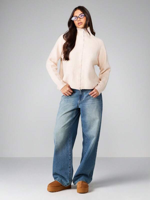 MISSGUIDED Half Zip Turtleneck Knit Cardigan With Ribbed Details
