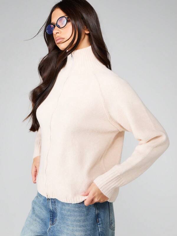MISSGUIDED Half Zip Turtleneck Knit Cardigan With Ribbed Details