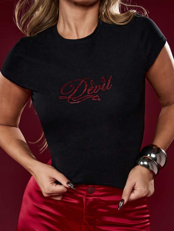 MISSGUIDED Halloween Black Baby Tee With Red Devil Glitter Logo
