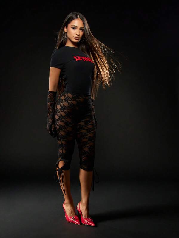 MISSGUIDED Halloween Black Lace Capri Pants With Tied Ankle Detail