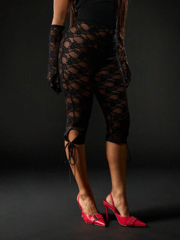 MISSGUIDED Halloween Black Lace Capri Pants With Tied Ankle Detail