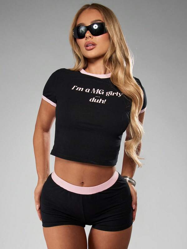 MISSGUIDED Halloween Cropped Slogan Baby Tee With Matching Hot Pants