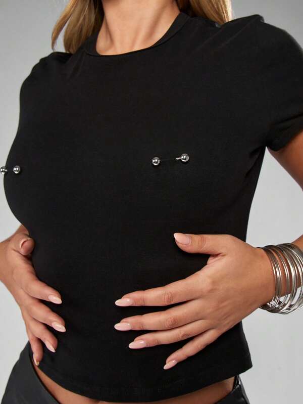 MISSGUIDED Halloween Piercing Embellished Black Baby Tee With Silver Studs