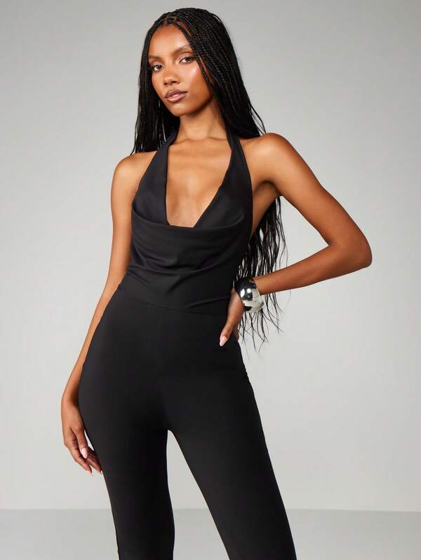 MISSGUIDED Halter Cowl Neck Wide Leg Jumpsuit