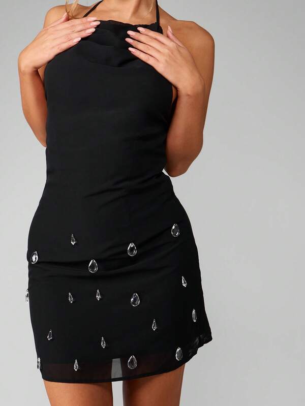 MISSGUIDED Halter Mini Dress With Crystal Embellishments And Draped Neck