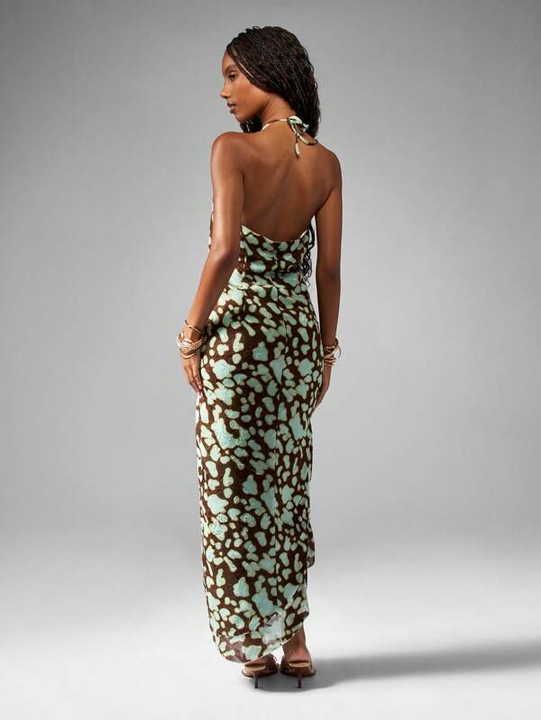 MISSGUIDED Halter Neck Abstract Print Asymmetrical Hem Maxi Dress