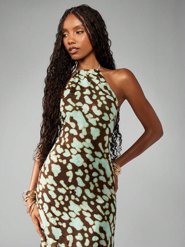 MISSGUIDED Halter Neck Abstract Print Asymmetrical Hem Maxi Dress