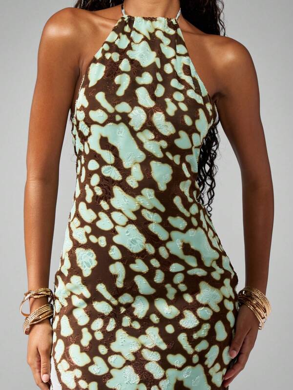 MISSGUIDED Halter Neck Abstract Print Asymmetrical Hem Maxi Dress