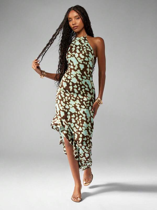 MISSGUIDED Halter Neck Abstract Print Asymmetrical Hem Maxi Dress