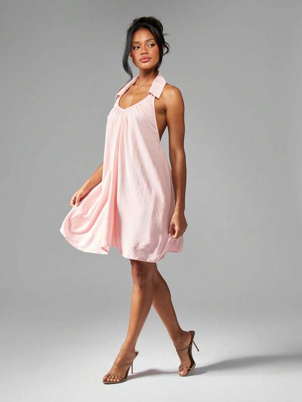 MISSGUIDED Halter Neck Backless Gathered Neckline Mini Dress