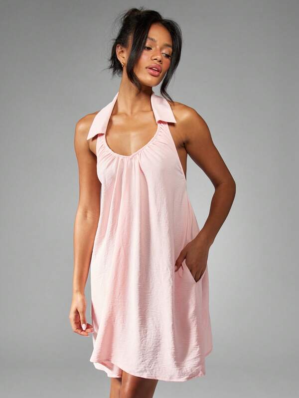 MISSGUIDED Halter Neck Backless Gathered Neckline Mini Dress