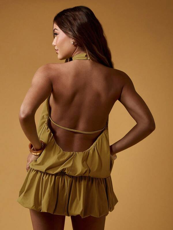 MISSGUIDED Halter Neck Backless Mini Dress With Puff Ball Hem