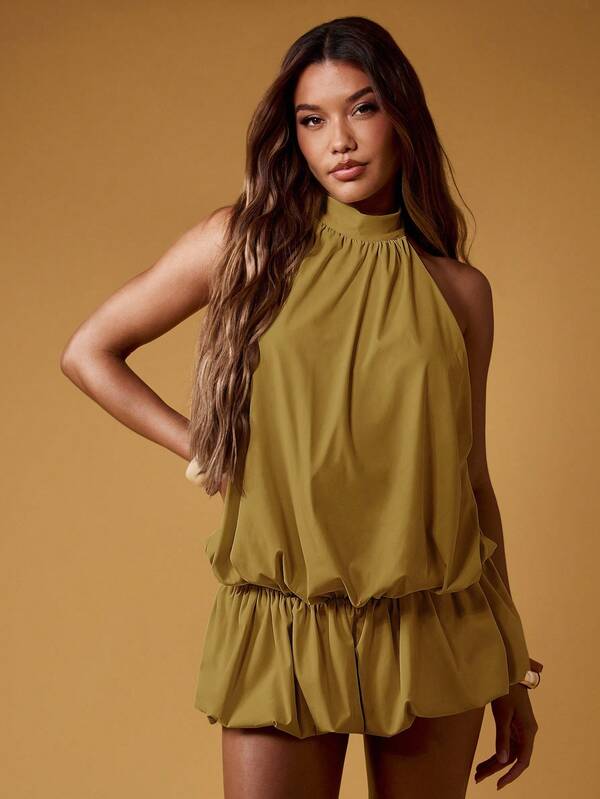 MISSGUIDED Halter Neck Backless Mini Dress With Puff Ball Hem