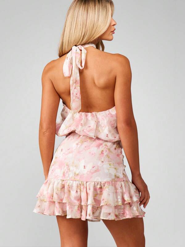 MISSGUIDED Halter Neck Chiffon Floral Mini Dress