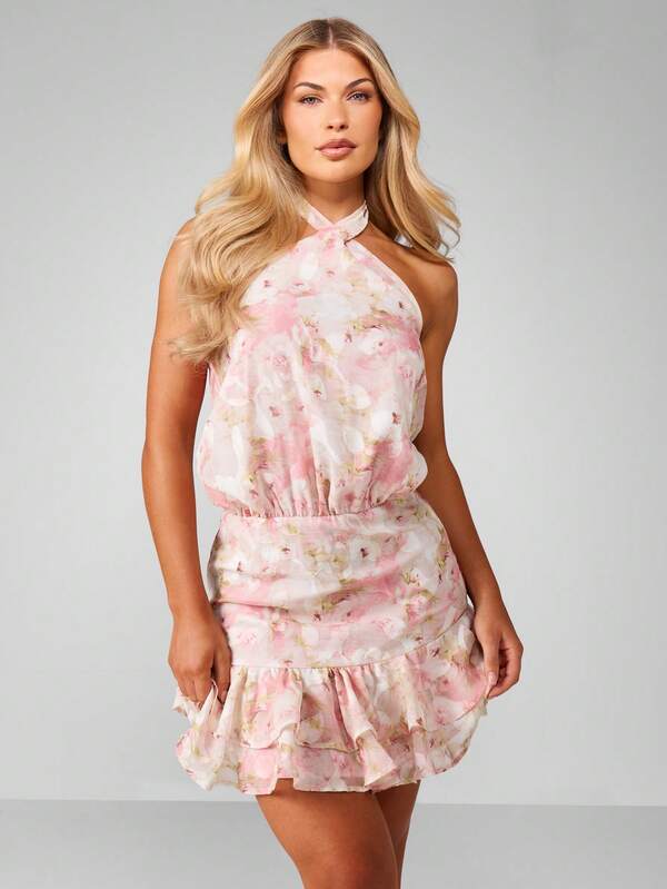 MISSGUIDED Halter Neck Chiffon Floral Mini Dress