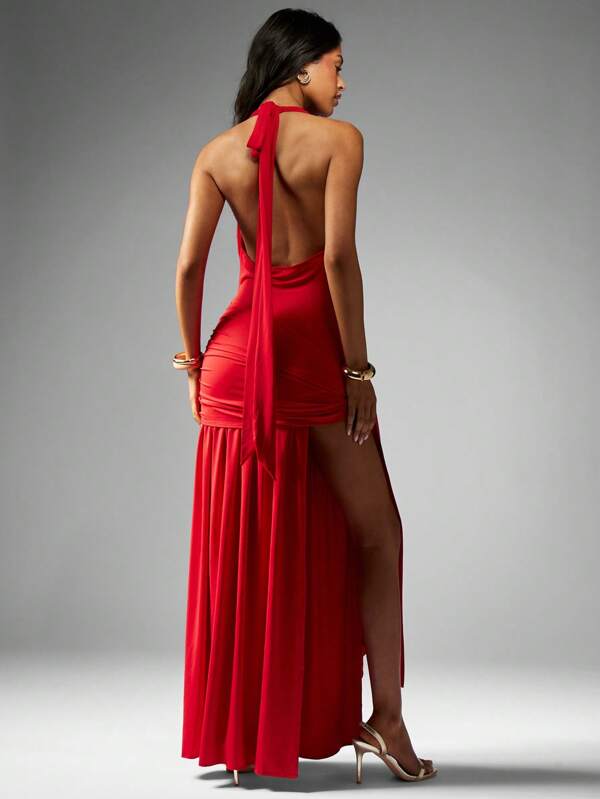 MISSGUIDED Halter Neck Cowl Front Ruched Side Split Maxi Dress