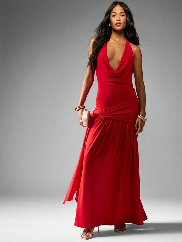MISSGUIDED Halter Neck Cowl Front Ruched Side Split Maxi Dress