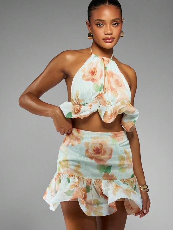 MISSGUIDED Halter Neck Crop Top And Ruffled Mini Skirt Set