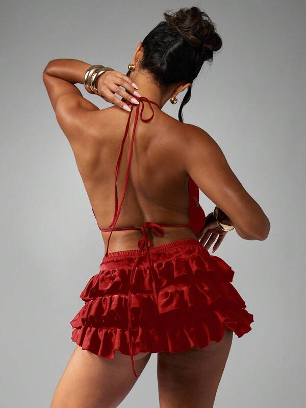 MISSGUIDED Halter Neck Crop Top With Ruffle Tiered Mini Skirt