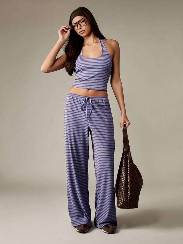 MISSGUIDED Halter Neck Cropped Top And Wide Leg Pants Set
