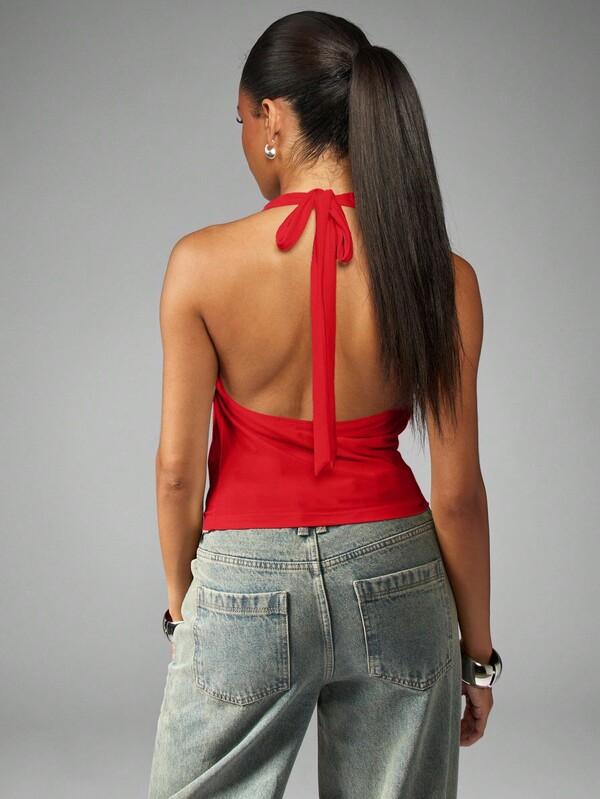 MISSGUIDED Halter Neck Draped Crop Top With Back Tie