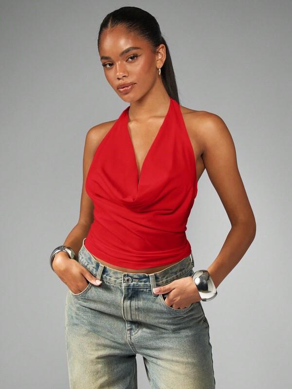 MISSGUIDED Halter Neck Draped Crop Top With Back Tie