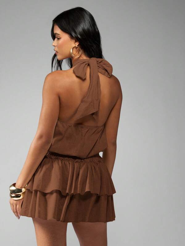 MISSGUIDED Halter Neck Empire Waist Tiered Ruffle Skirt Mini Dress