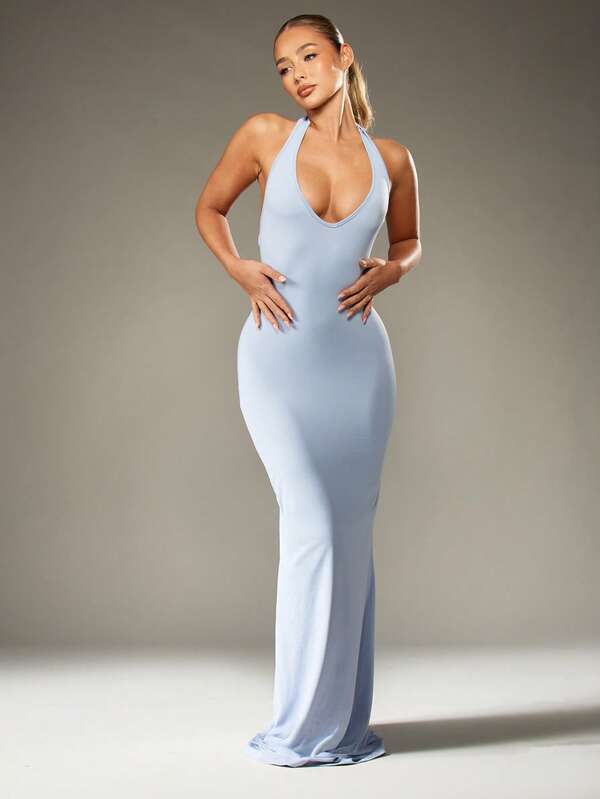 MISSGUIDED Halter Neck Fishtail Maxi Dress With Tie Back