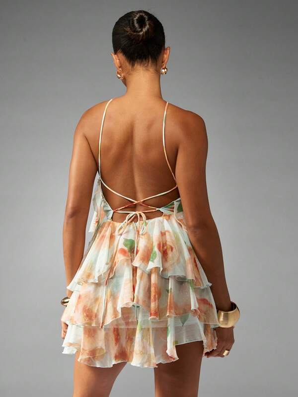MISSGUIDED Halter Neck Floral Mini Dress With Ruffle Layers