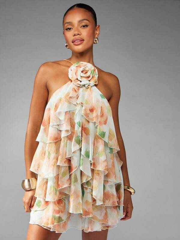 MISSGUIDED Halter Neck Floral Mini Dress With Ruffle Layers