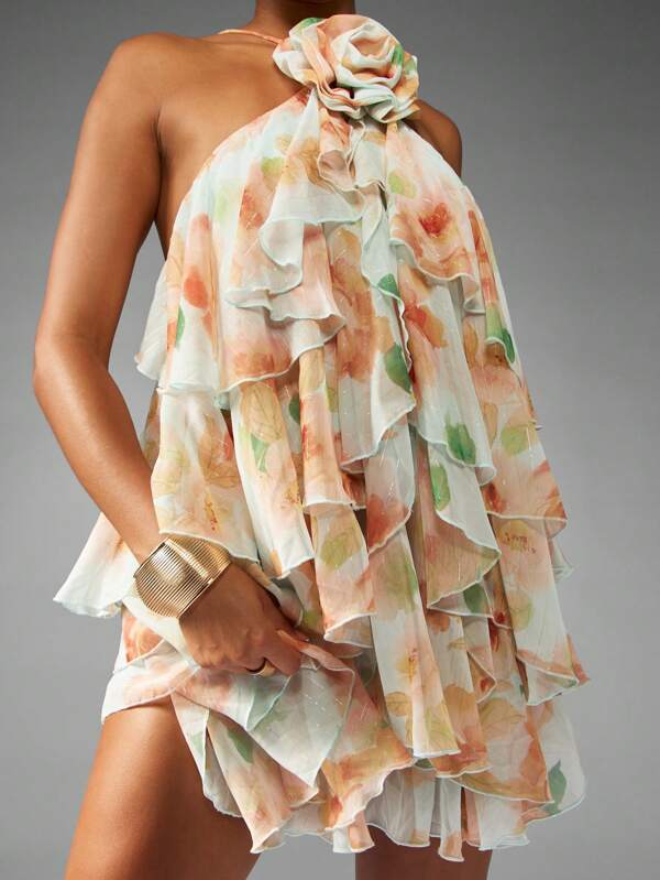 MISSGUIDED Halter Neck Floral Mini Dress With Ruffle Layers