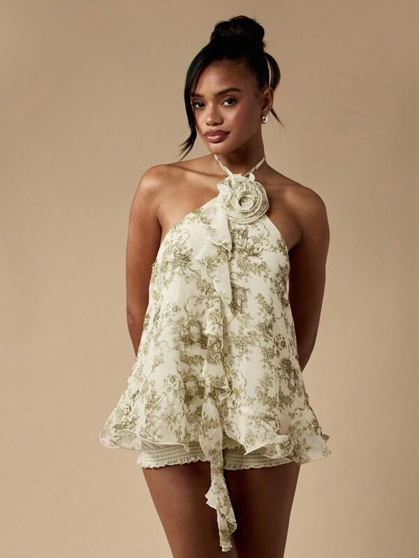 MISSGUIDED Halter Neck Flowy Top With Ruffle Detail