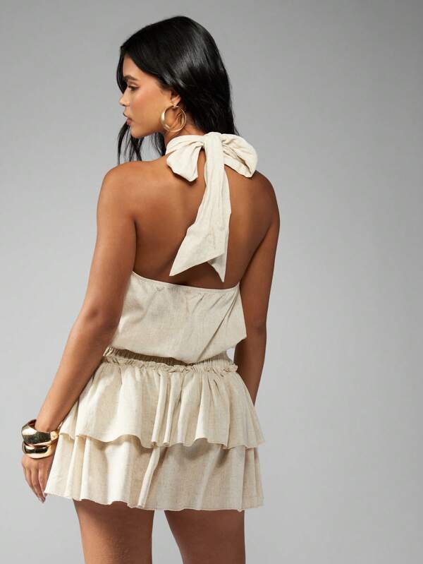 MISSGUIDED Halter Neck Mini Dress Ruffle Tier Skirt Gathered Waist Flowy Dress