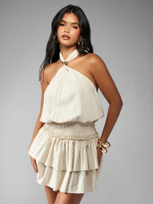 MISSGUIDED Halter Neck Mini Dress Ruffle Tier Skirt Gathered Waist Flowy Dress