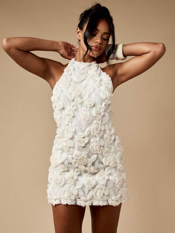 MISSGUIDED Halter Neck Mini Dress With Rose Applique Details