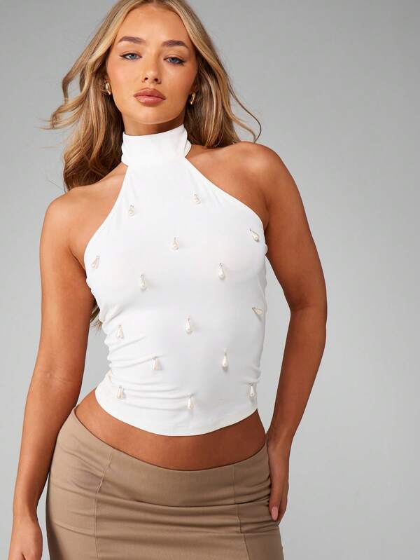 MISSGUIDED Halter Neck Pearl Detail Crop Top