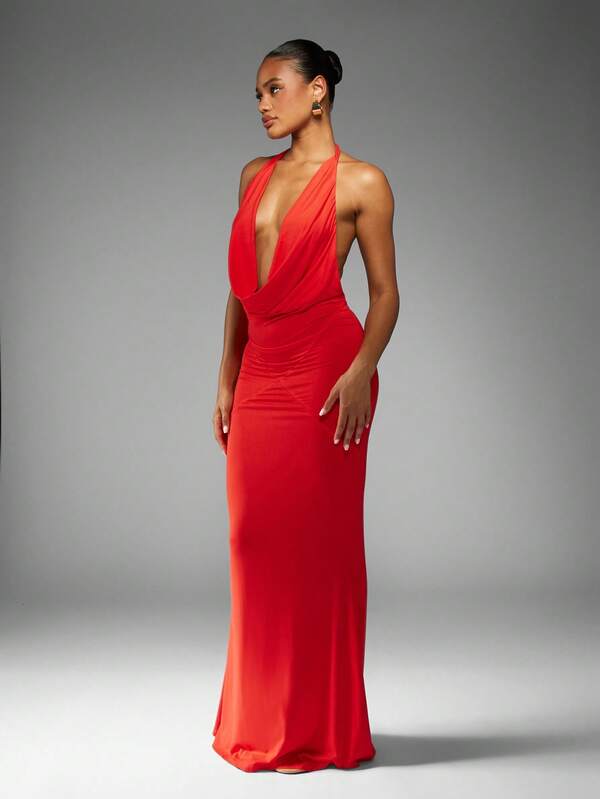 MISSGUIDED Halter Neck Plunge Mermaid Dress With Cowl Front