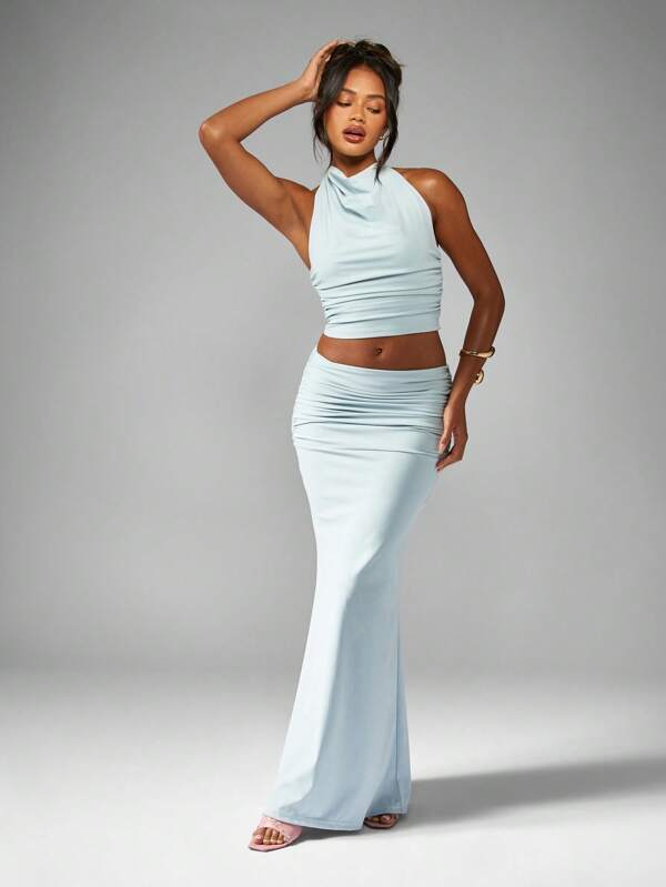 MISSGUIDED Halter Neck Ruched Crop Top And High Waisted Maxi Skirt Co Ord Set