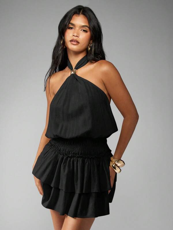 MISSGUIDED Halter Neck Ruffle Layered Backless Mini Dress
