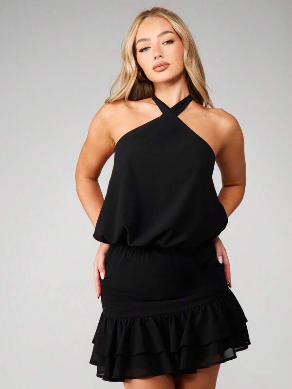 MISSGUIDED Halter Neck Ruffled Mini Dress
