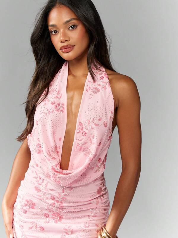 MISSGUIDED Halter Neck Sleeveless Sequin Backless Cowl Front Mini Dress