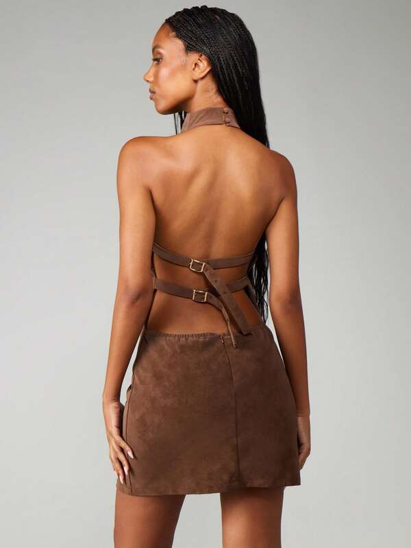 MISSGUIDED Halter Neck Suede Mini Dress With Strappy Back