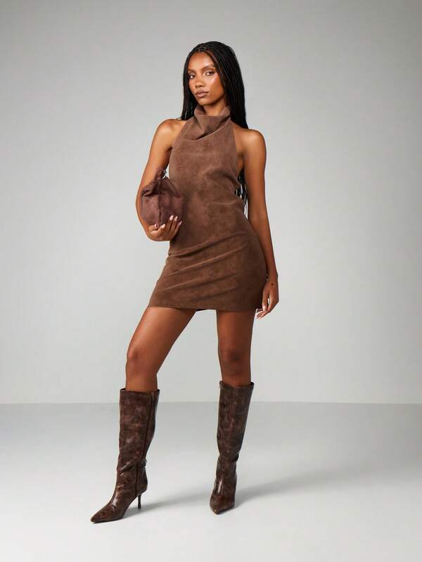 MISSGUIDED Halter Neck Suede Mini Dress With Strappy Back